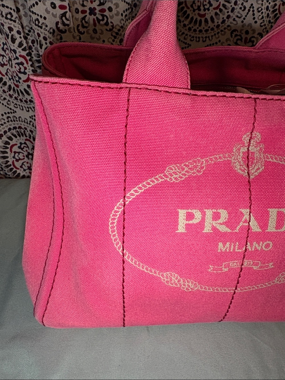 Prada Canapa Peonia Canvas Tote - Medium Handbag Pink BN2642 - Picture 3 of 16
